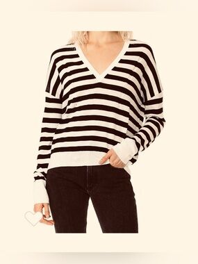 Rag & Bone JEAN Bevan V Neck Ivory Black Striped Sweater Fine Merino Wool Small